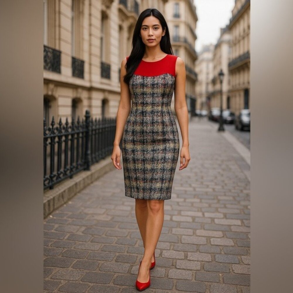 Carolina Herrera Sleeveless Tweed Sheath Dress Black/White/Grey Size 2 Elegant